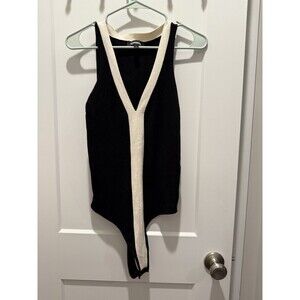 Express Sweater Knit Bodysuit Black Cream Sleeveless Stretch Size L Large